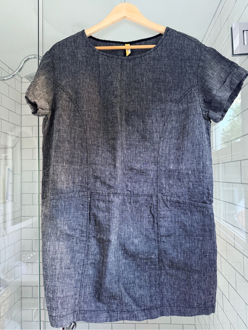 Free People 100% Linen Black Shift Dress Small Pockets Minimalist Summer